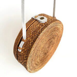 Lilian Woven Crossbody Rattan Purse White Straps